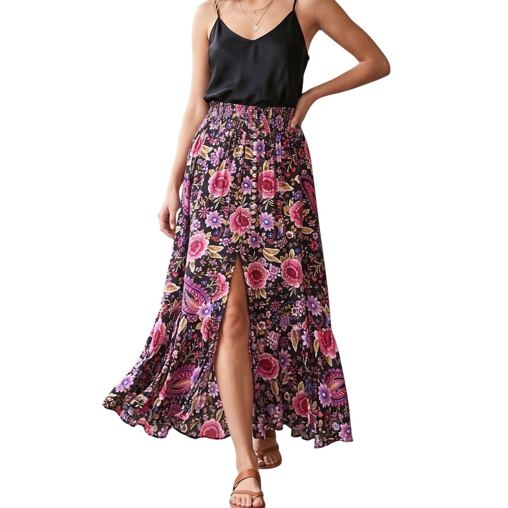 VTG Cynthia Rowley Floral Maxi Skirt Size S Black Pink Tiered Boho Smocked Fairy - Picture 1 of 8